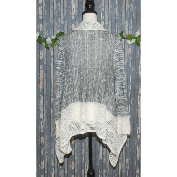 Energe World Wear Ladies Gray White Cardigan Sweater SZ L Open Front Lace LS - Picture 8 of 12